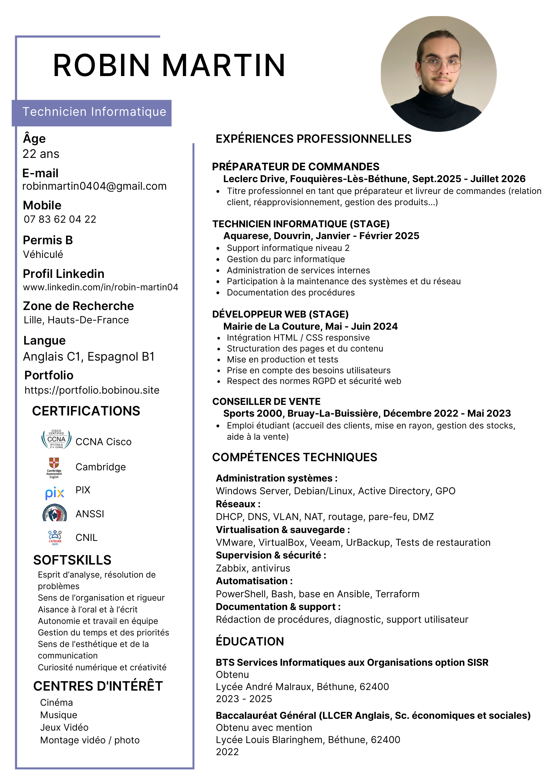 Aperçu du CV de Robin Martin — Technicien Informatique